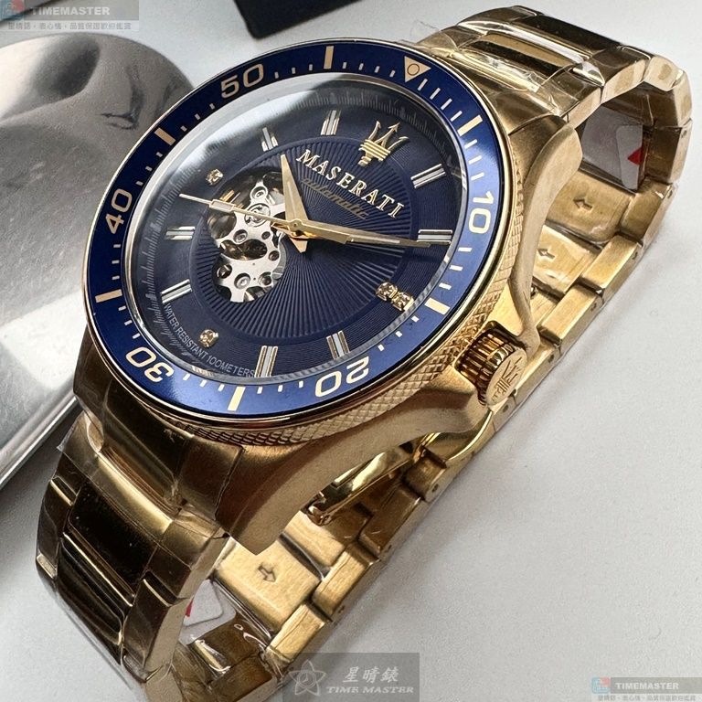 [星晴錶業]MASERATI手錶,44mm,R8823140004寶藍色錶面金色錶殼金色精鋼錶帶款, , large