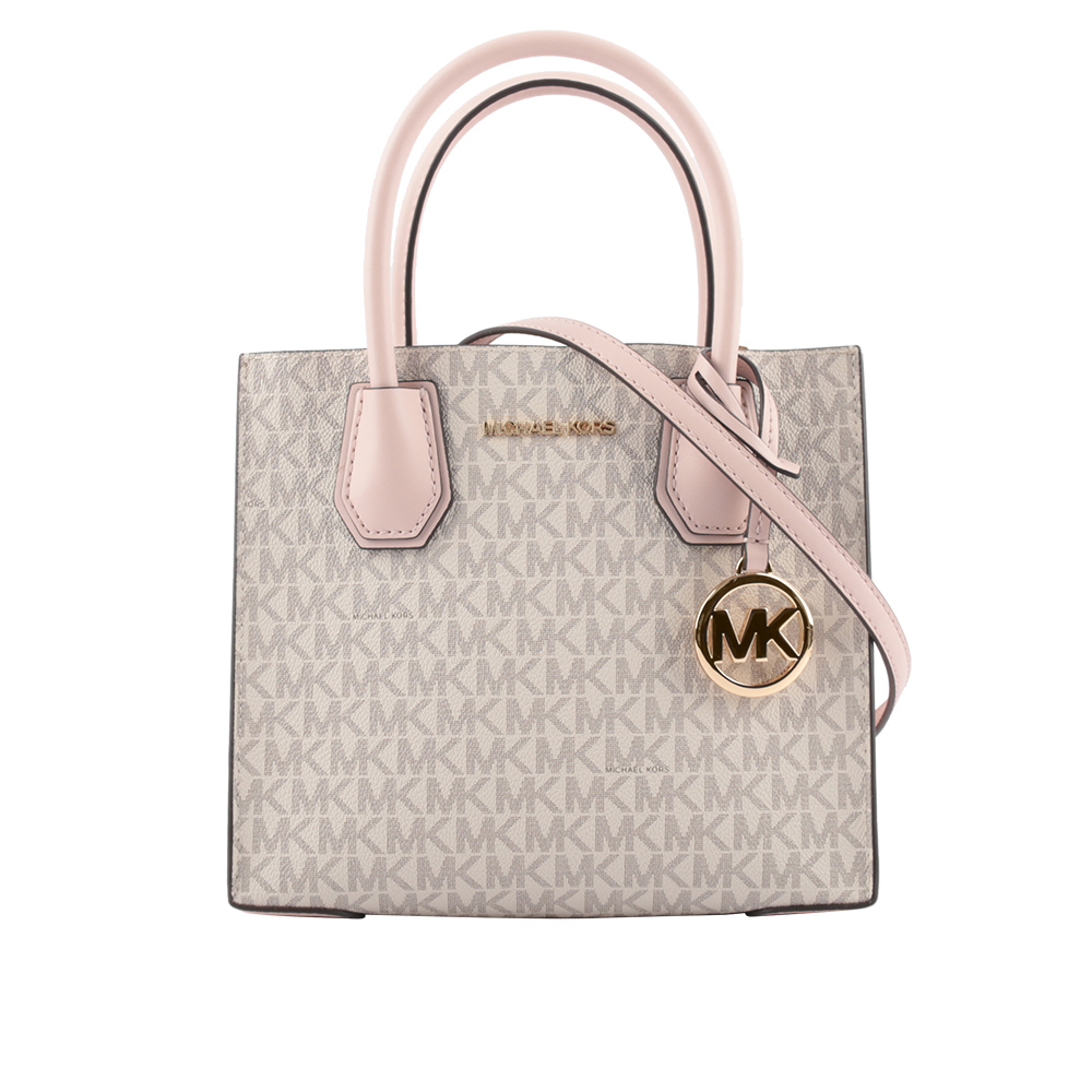 Michael Kors Mercer Logo 吊飾塗層帆布二用包(香草/粉色), , large