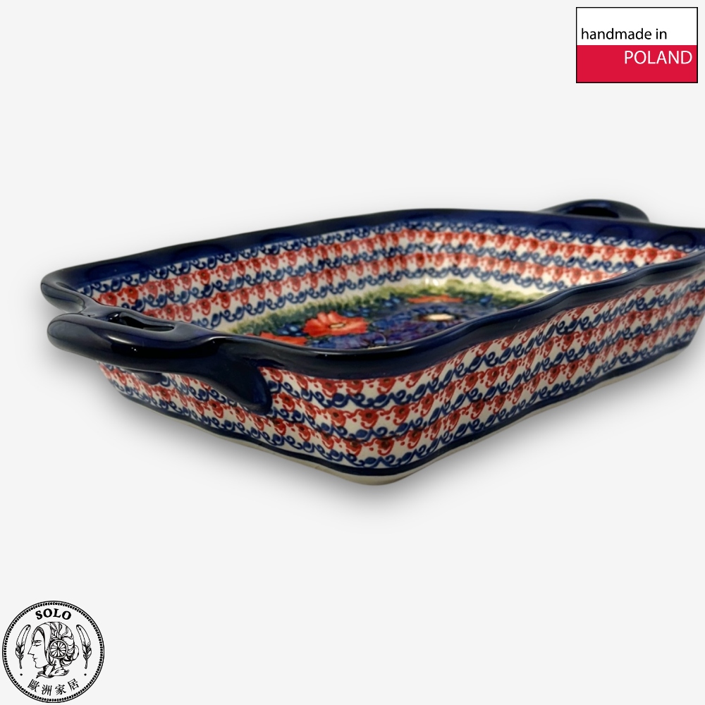 【SOLO Vintage】Cerraf Polish Pottery 30.5cm Baking Pan Dish Red and Blue Blossoming Elegance Series Made in Poland, , large