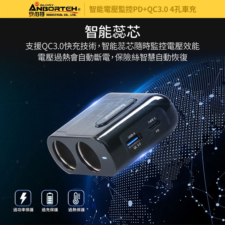 台灣現貨【安伯特】酷電大師 智能電壓監控PD+QC3.0 4孔車充 2孔+USB+PD(國家認證 一年保固)R37531, , large