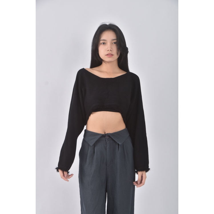 (F) 【智恩私服】ggaebi韓牌質感修身短版黑色長袖上衣二手衣, , large