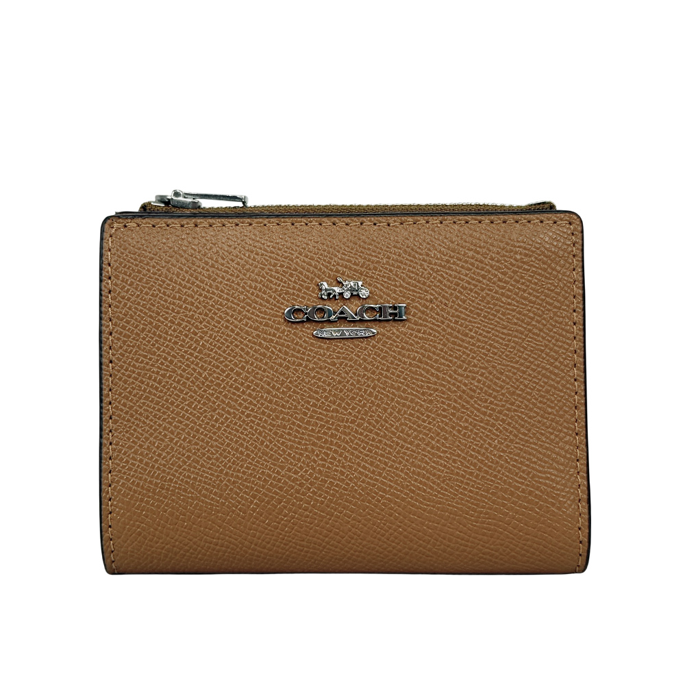 COACH 銀字Logo 防刮皮革對開二折釦式短夾/淺焦糖色, , large