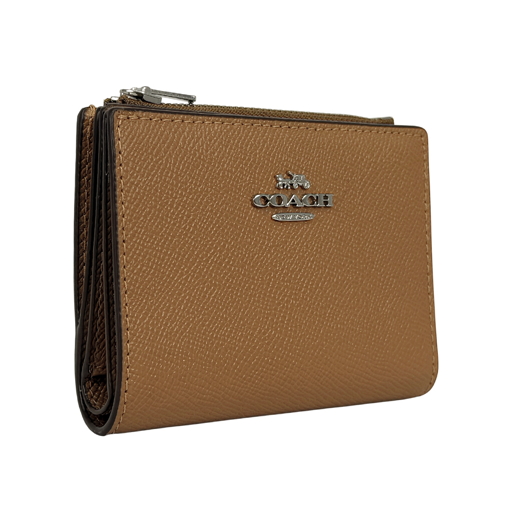 COACH 銀字Logo 防刮皮革對開二折釦式短夾/淺焦糖色, , large