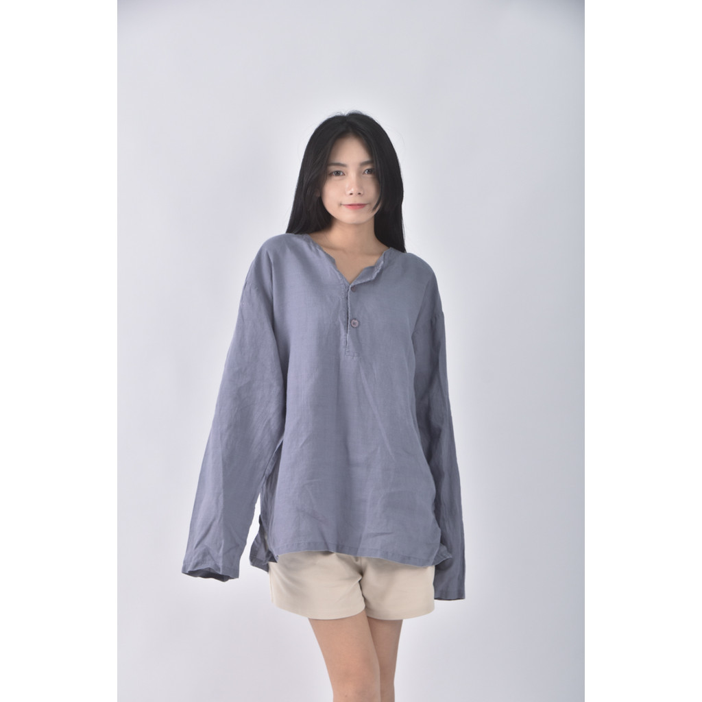 (XL) net質感西裝圓領藍色長袖上衣二手衣, , large