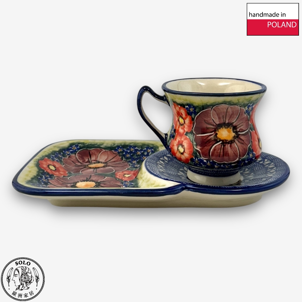 【SOLO Vintage】Cerraf Polish Pottery 180ml Breakfast Cup + Saucer Set Banquet of Elegant Red Series Made in Poland, , large