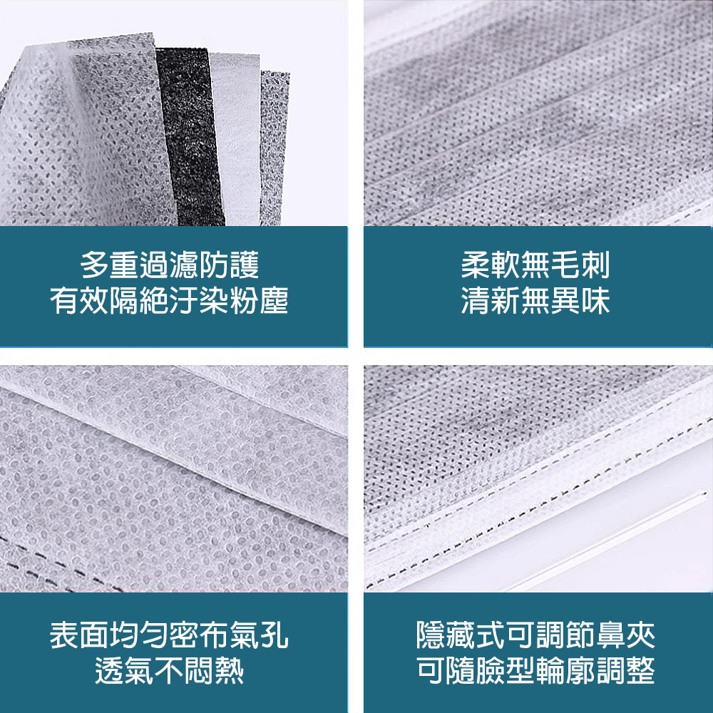 四層活性碳口罩 盒裝(50入) 灰色/黑色含溶噴層 防霧霾 空污 粉塵 乾淨衛生 透氣舒適, , large