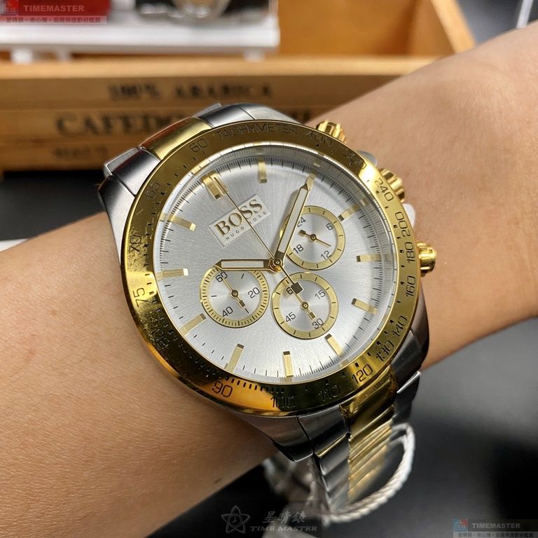 [星晴錶業]BOSS手錶,44mm,HB1512960白色錶面金色錶殼金銀相間精鋼錶帶款, , large