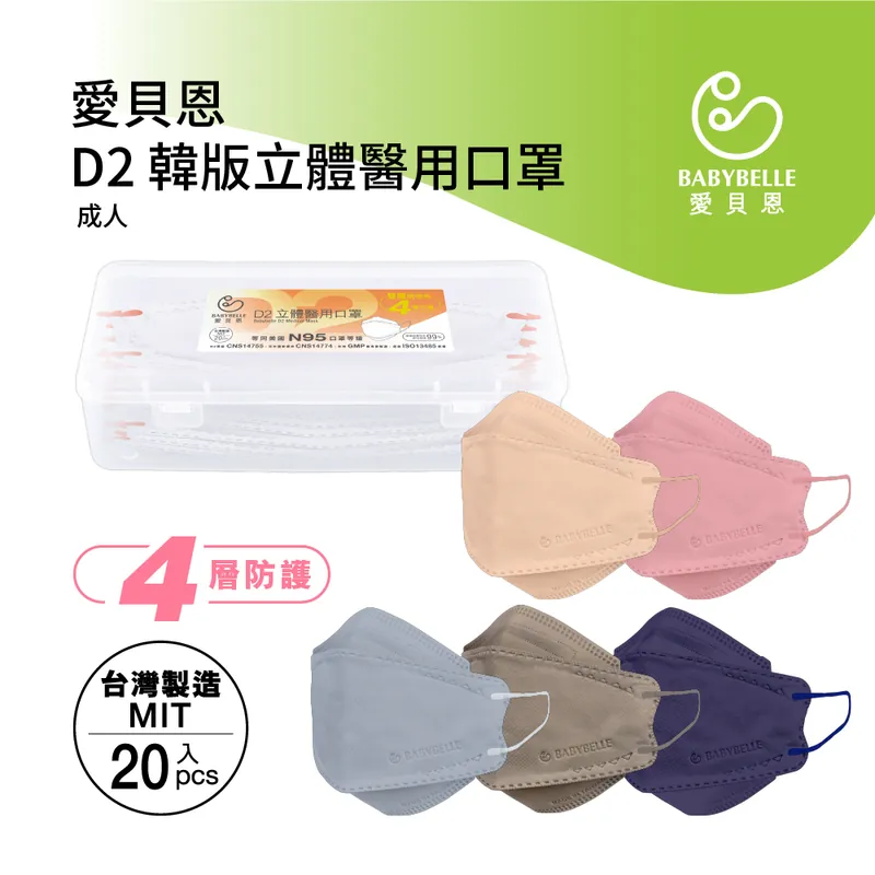 【BABYBELLE 愛貝恩】成人韓版D2立體醫用口罩-特殊色系列 20入 多顏色可選, , large