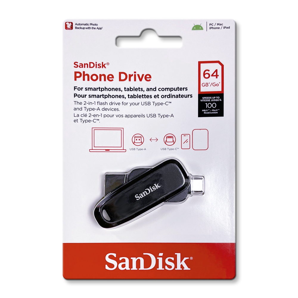 【SanDisk】Phone Drive DDC6 黑色 64G TYPE-C USB 3.2 雙用 OTG 旋轉隨身碟 讀取速度 100MB/s, , large