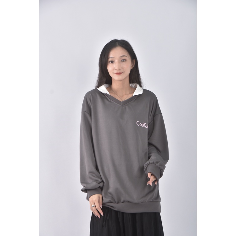 (XL) 質感假兩件灰色長袖上衣二手衣, , large
