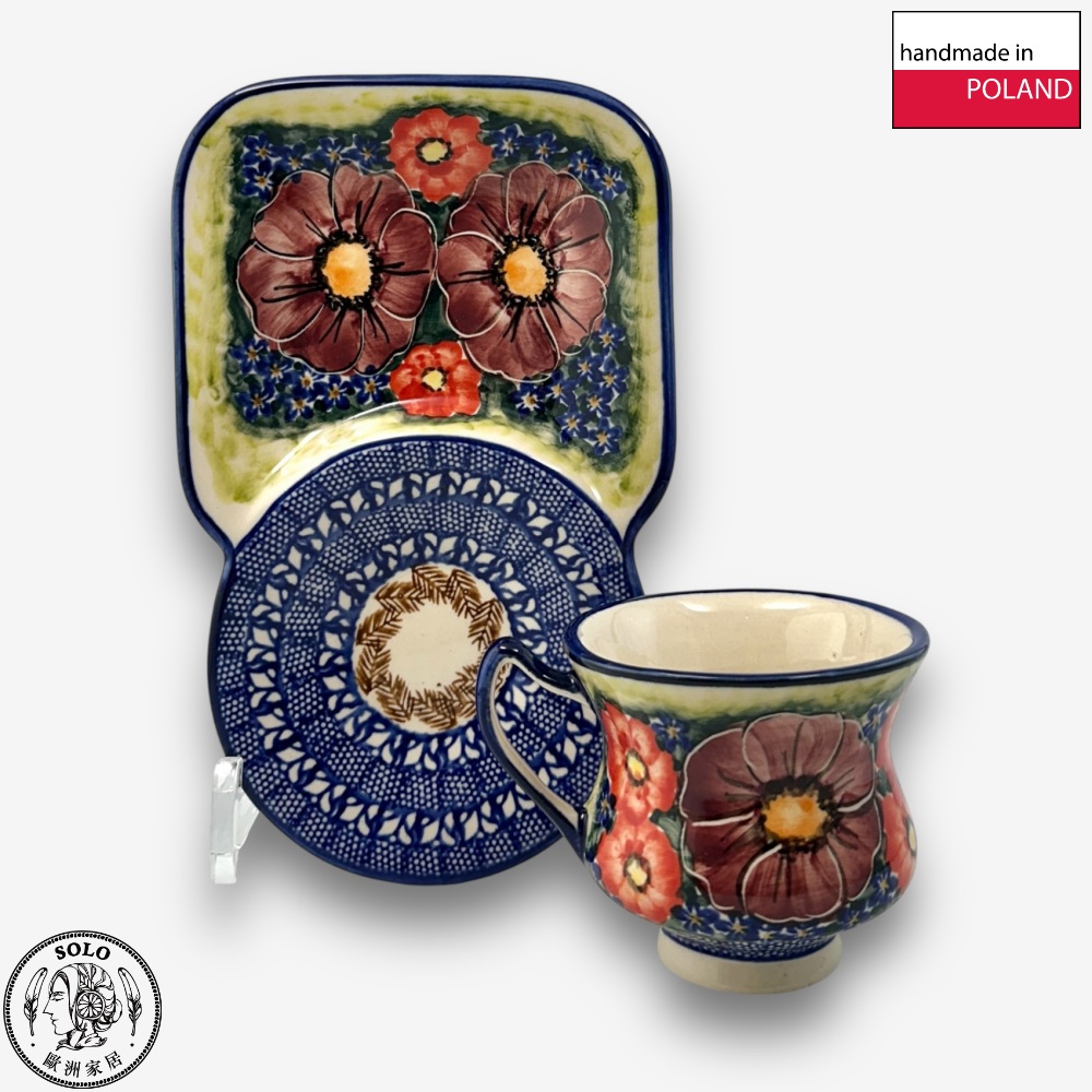 【SOLO Vintage】Cerraf Polish Pottery 180ml Breakfast Cup + Saucer Set Banquet of Elegant Red Series Made in Poland, , large