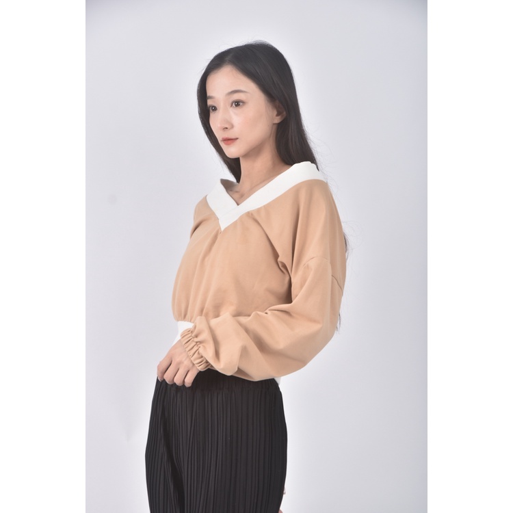 (M) nana質感修身短版跳色領口杏色長袖上衣二手衣, , large