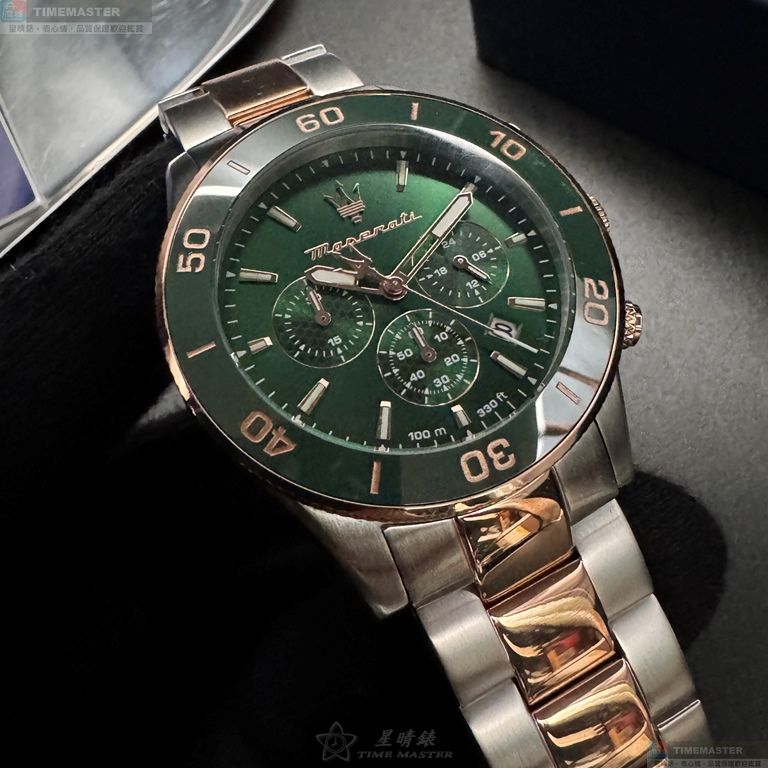 [星晴錶業]MASERATI手錶,44mm,R8873600004墨綠色錶面金綠色錶殼金銀相間精鋼錶帶款, , large