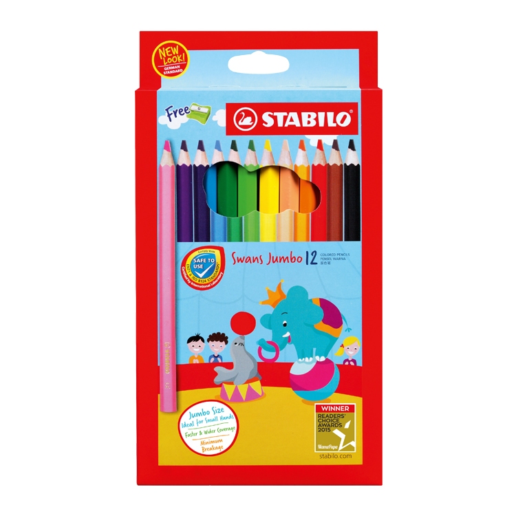 【德國天鵝STABILO】Swans Jumbo 特大油性色鉛筆 兒童適用 筆芯不易斷 好握好畫12色(ST1877J), , large