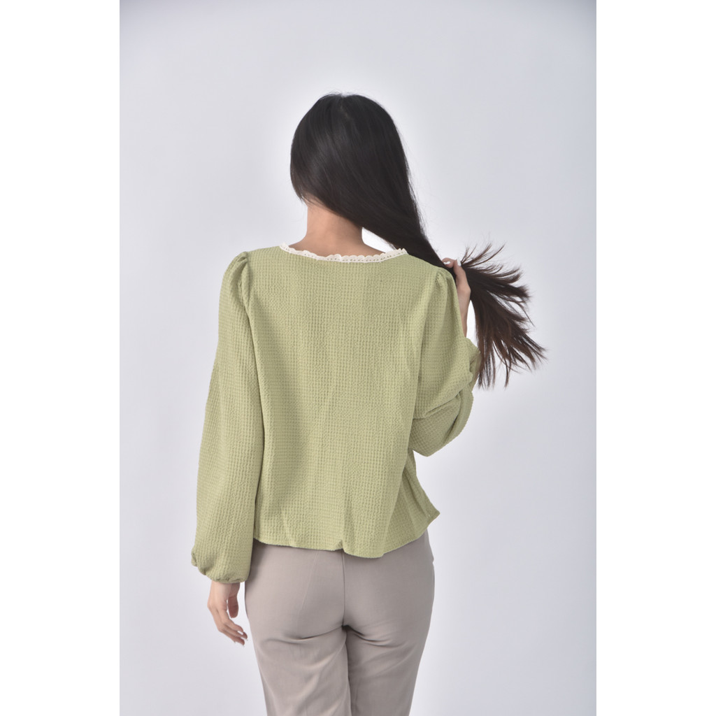 (S) miss 向日葵質感圓領綠色長袖上衣二手衣, , large