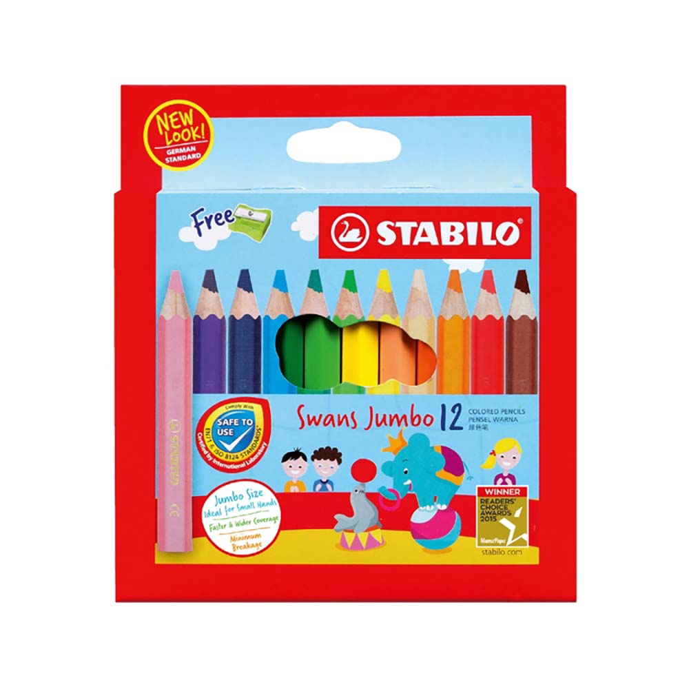 STABILO 德國 思筆樂 Swans Jumbo 特大油性色鉛筆 短版 紙盒 12色組 / 盒 ST1873J