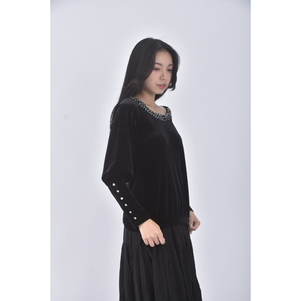 (S) wanko質感圓領黑色長袖上衣二手衣, , large