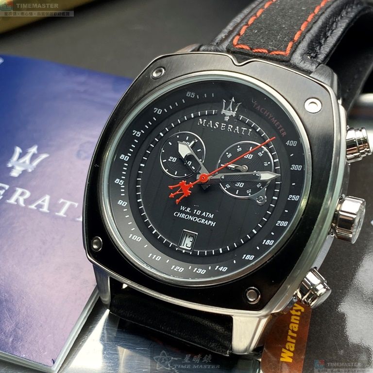 [星晴錶業]MASERATI手錶,44mm,R8871606001黑色錶面黑銀錶殼深黑色真皮皮革錶帶款, , large