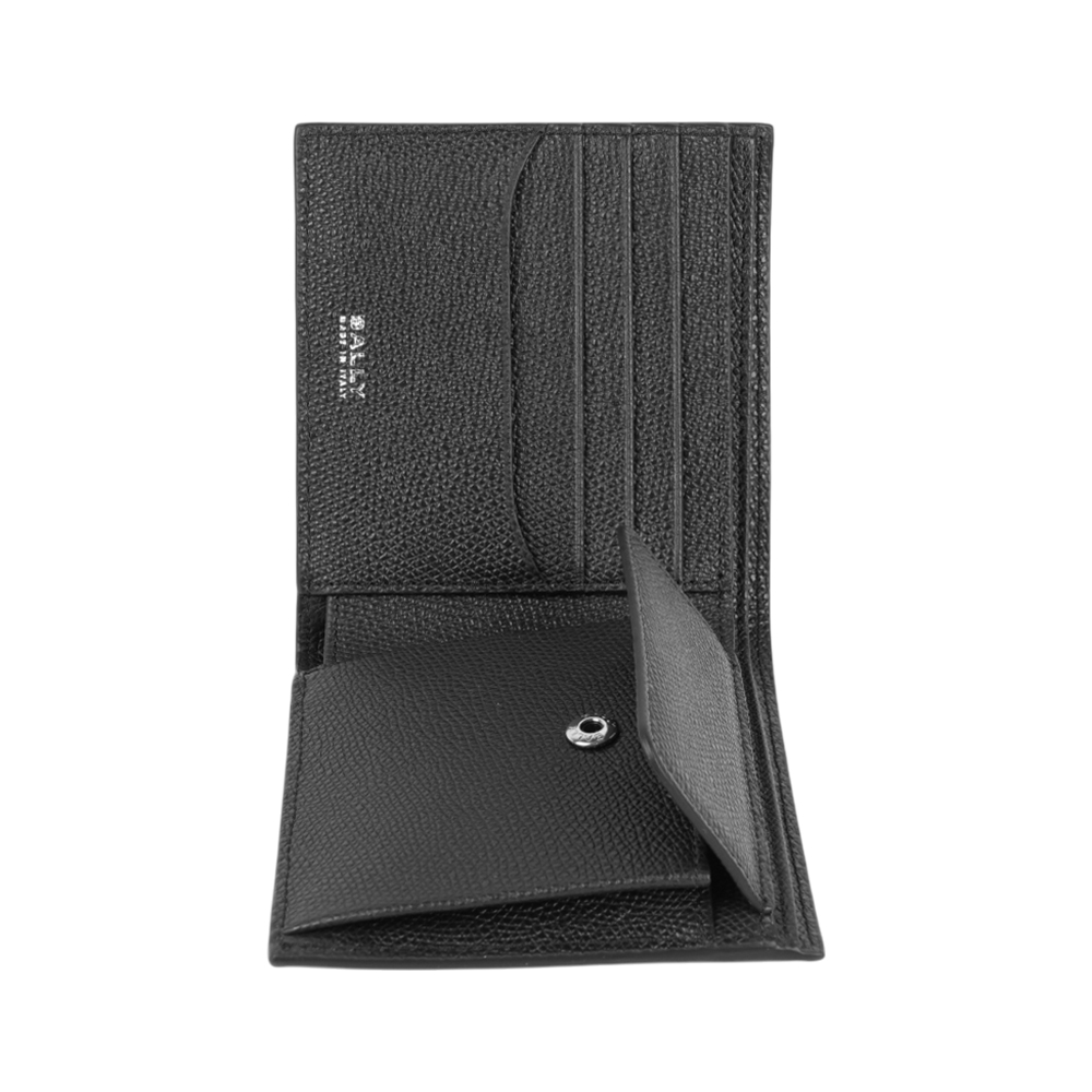 BALLY 銀字Logo 粒紋小牛皮對開零錢袋短夾(黑色), , large