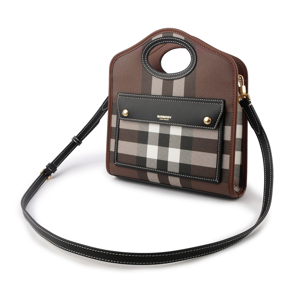 BURBERRY 格紋拼皮革手提/斜背口袋包(Mini)/暗樺木棕色, , large
