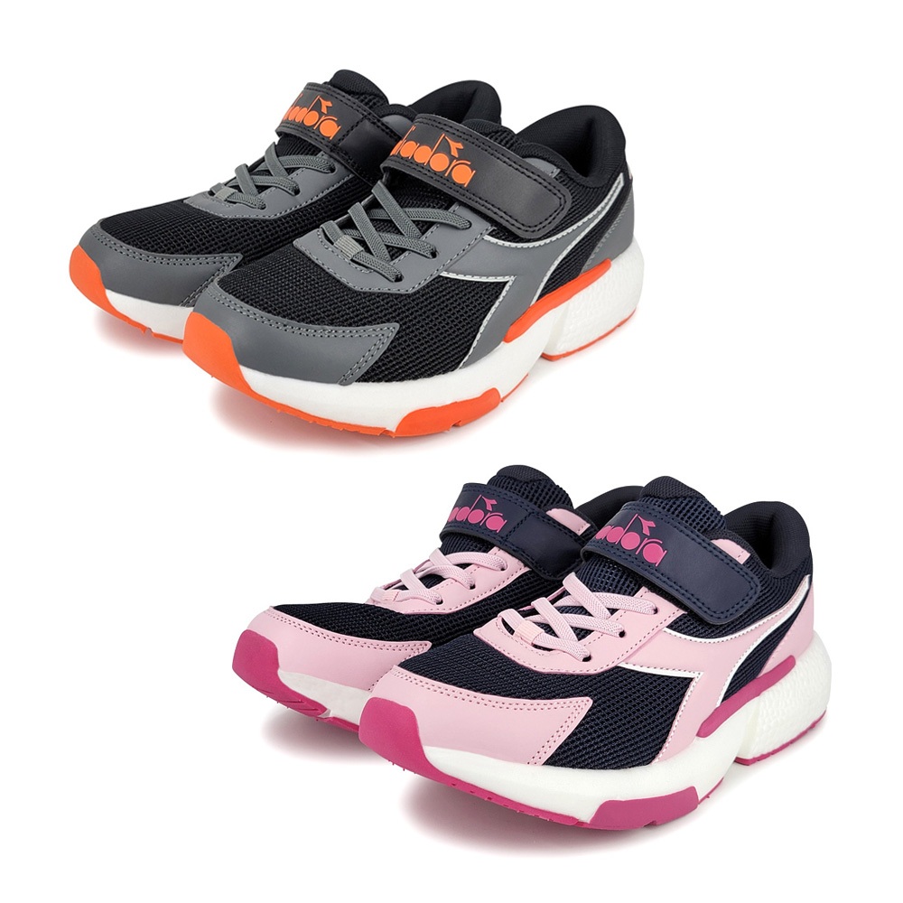 DIADORA迪亞多那 大童輕量跑鞋 童運動鞋 魔鬼氈 寬楦 保護後跟 輕量 吸震 減壓 抗菌 除臭 防滑 黑灰 藍粉