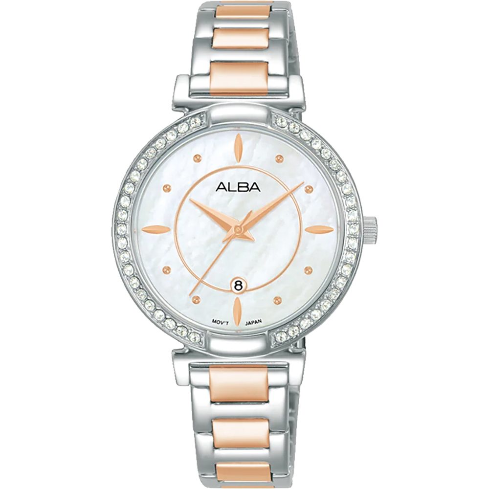 ALBA 雅柏 珍珠貝晶鑽女錶-玫瑰金x銀/31mm AH7BE9X1/VJ22-X389KS, , large