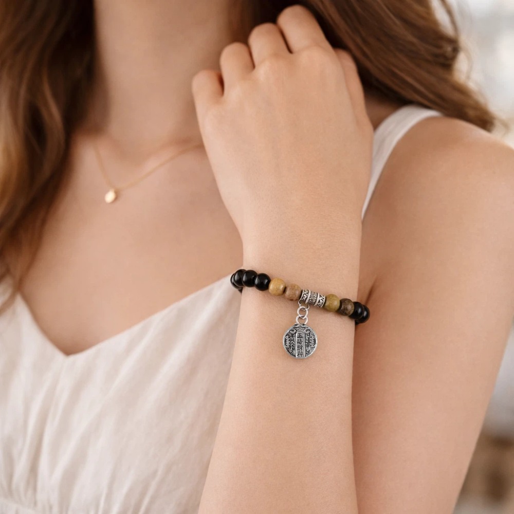 【A&R】招財轉運 S925純銀天然黑曜石+綠檀五路財神手鍊 8mm附禮盒