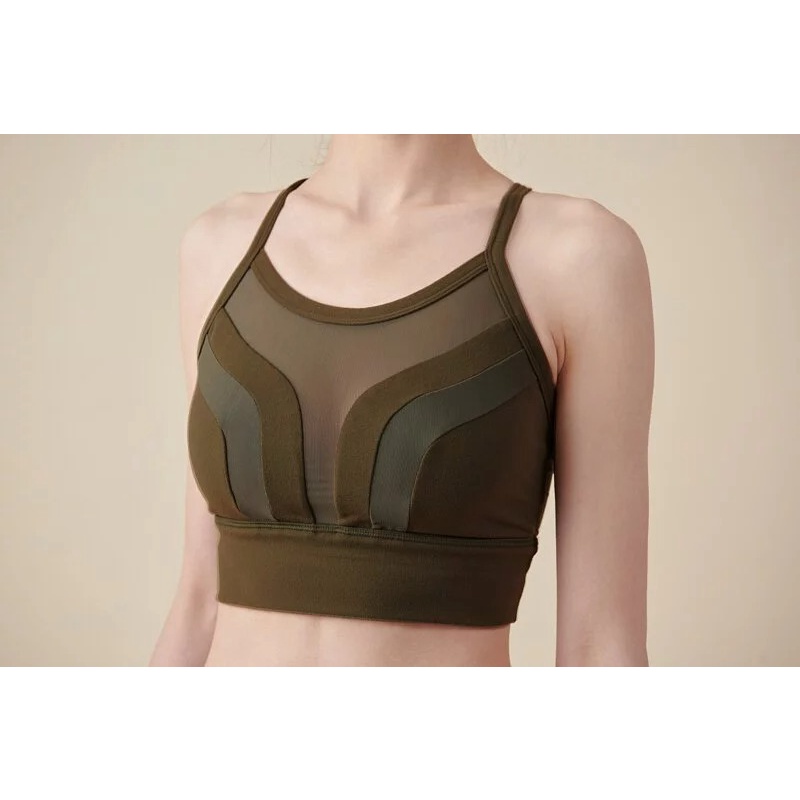YOGA FLOW Venus Bra - 性感撞色網紗短版上衣 - 深茶綠 Jungle Green, , large