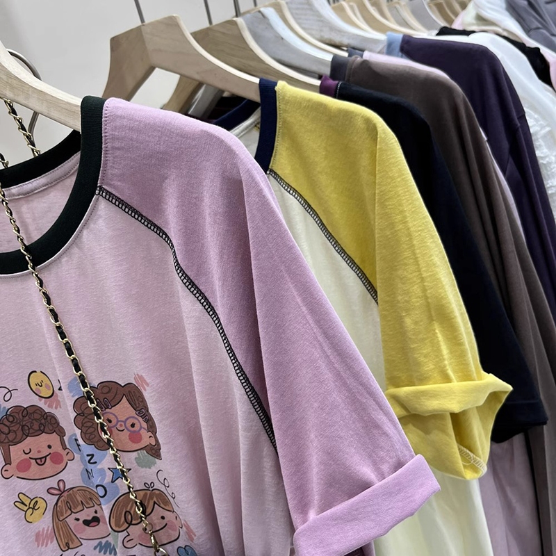 大尺碼-印花 插肩 圓領T恤-黑/粉/黃-0101142, , large