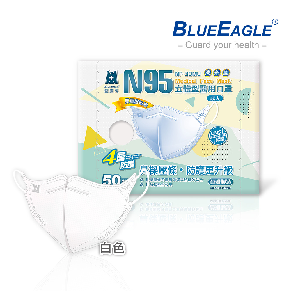 【Blue Eagle】N95 3D Adult Medical Face Mask (with Adjustable Nose-Clip) Blue 50 pack, , large