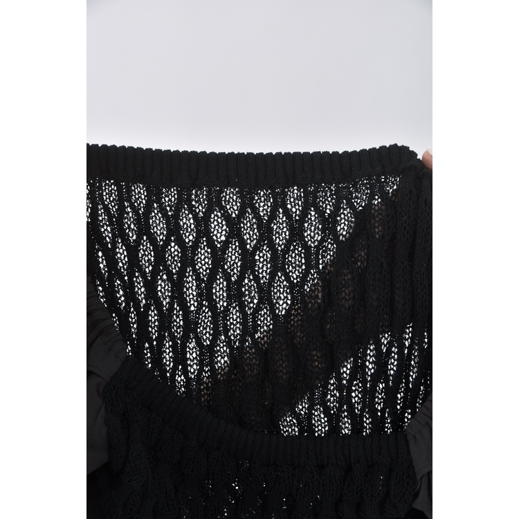 (S) 針織泡泡袖黑色短袖上衣二手衣, , large