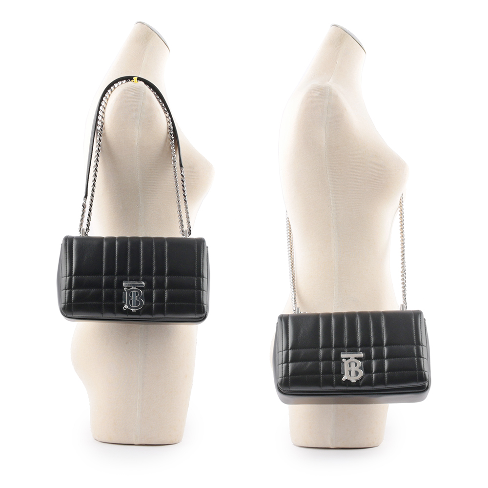 BURBERRY Lola 銀釦小羊皮縫線設計小款翻蓋鍊包/黑色, , large