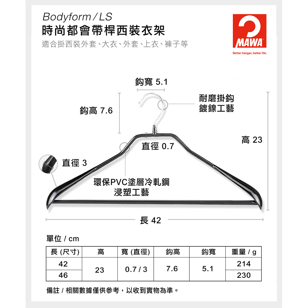 【德國MAWA】德國原裝進口 無痕止滑 時尚外套大衣衣架42cm 20入/黑 , , large