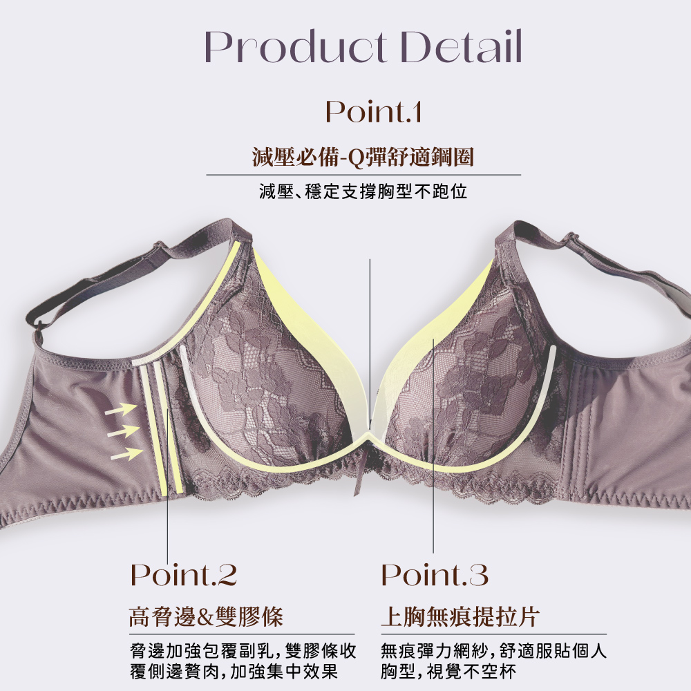 【Clany 可蘭霓】戀慕時光 抑菌石墨烯軟鋼圈集中包覆蕾絲BCD罩杯內衣 可可紫 8035-15, , large