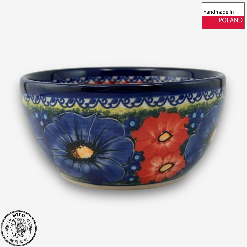 【SOLO Vintage】Cerraf Polish Pottery 13cm Rice Bowl Red and Blue Blossoming Elegance Series Made in Poland, , large
