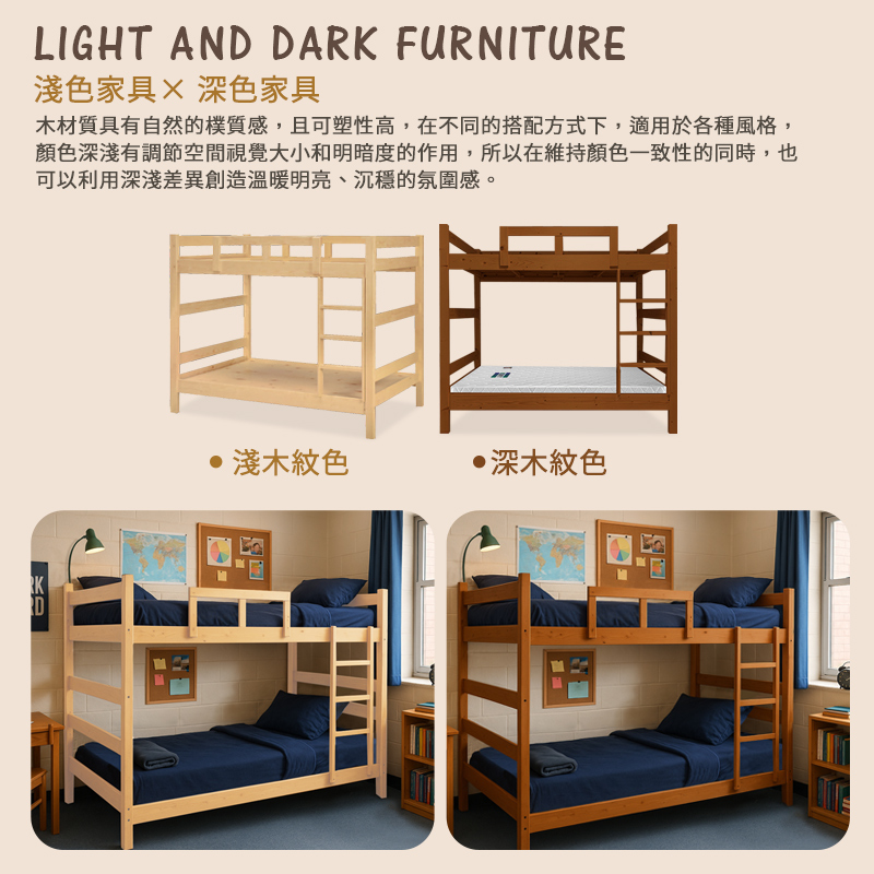 【KIKY】寇比鳥松實木3.5尺雙層床架3件組(雙層床+薄墊3.5尺x2), , large