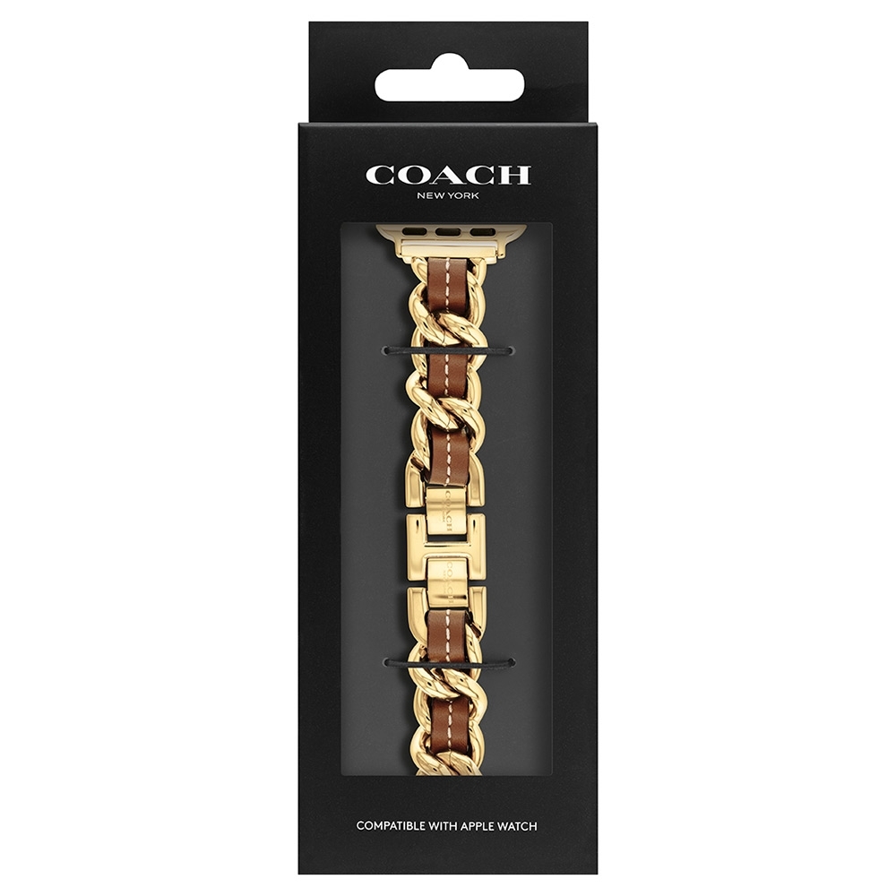 COACH Apple Watch 錶帶 38/41mm 適用 鍊帶結合皮錶帶- 金x咖(不含手錶), , large