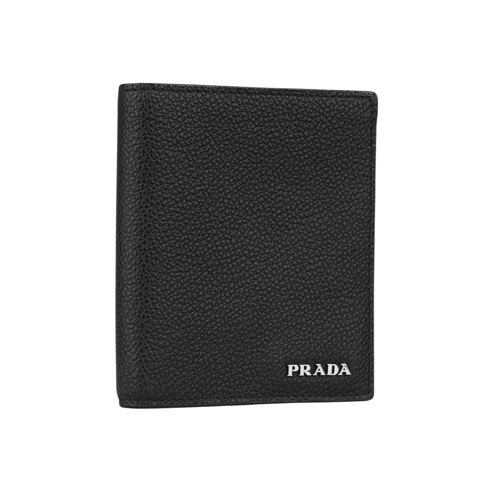 PRADA 銀字Logo 粒紋皮革短版對開8卡短夾/黑色, , large