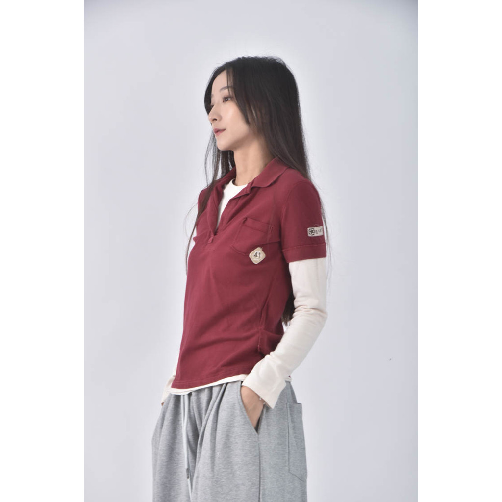 (S) jeep棉質假兩件紅色長袖上衣二手衣, , large