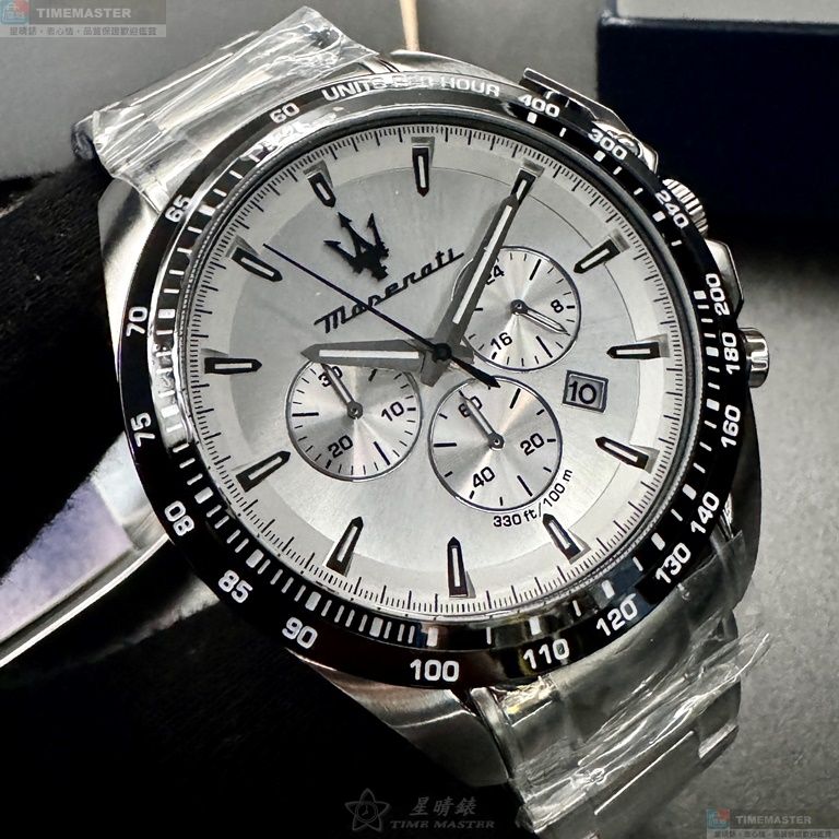 [星晴錶業]MASERATI手錶,46mm,R8873612049白色錶面黑錶殼銀色精鋼錶帶款, , large
