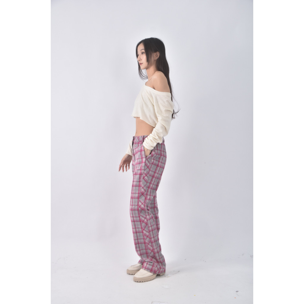 (L) 羊毛格紋粉色長褲二手衣, , large