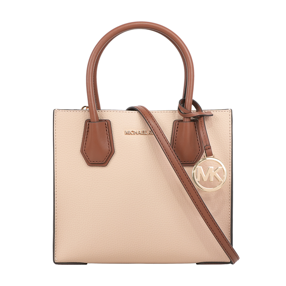Michael Kors Mercer Logo 吊飾粒紋皮革中型二用包(粉膚/焦糖), , large