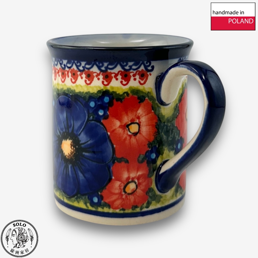 【SOLO Vintage】Cerraf Polish Pottery 280ml Mug Red and Blue Blossoming Elegance Series Made in Poland, , large