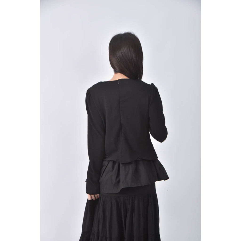 (S) 棉質設計感黑色長袖上衣二手衣, , large