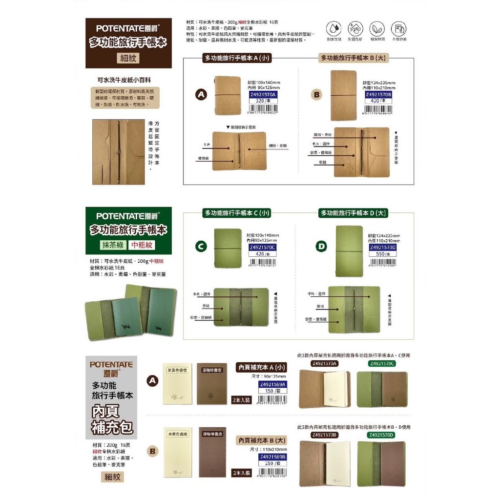 普思AP 遵爵多功能旅行手帳本 細紋/中粗紋/內頁補充包內頁補充(小)-咖啡書皮, , large