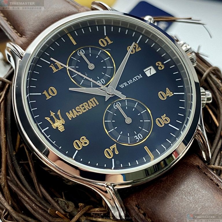 [星晴錶業]MASERATI手錶,42mm,R8871618001寶藍色錶面銀錶殼咖啡色真皮皮革錶帶款, , large