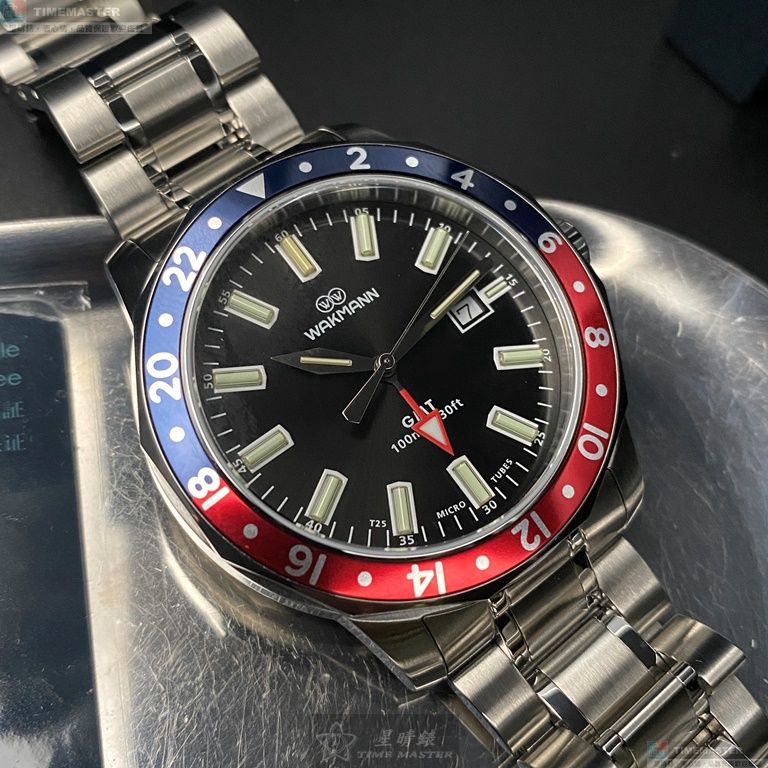 [星晴錶業]WAKMANN手錶,44mm,WA00009黑色錶面百事可樂錶殼銀色精鋼錶帶款, , large