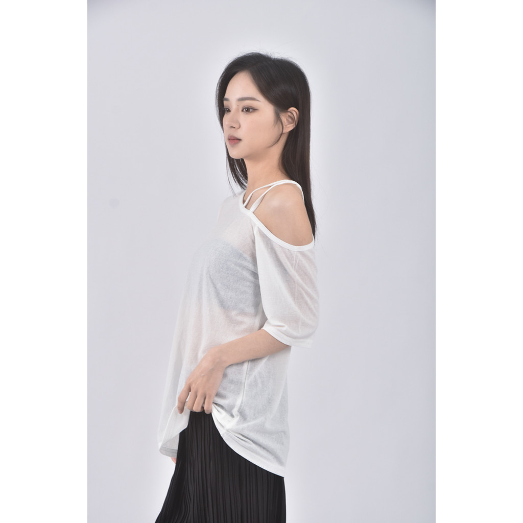 (L) e h a n韓牌露肩白色短袖上衣二手衣, , large