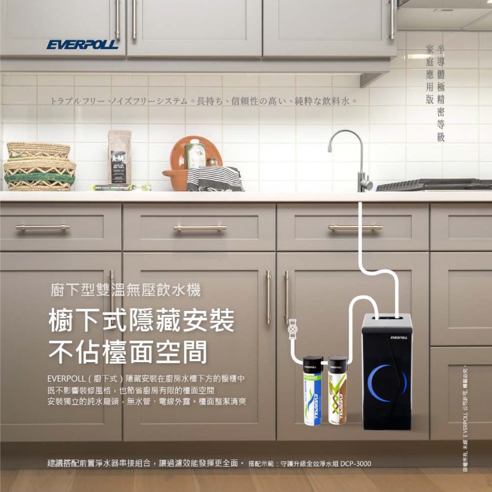 【麗水生活】EVERPOLL 愛科濾淨EP-168廚下型雙溫無壓飲水機+DC1000原廠公司貨, , large