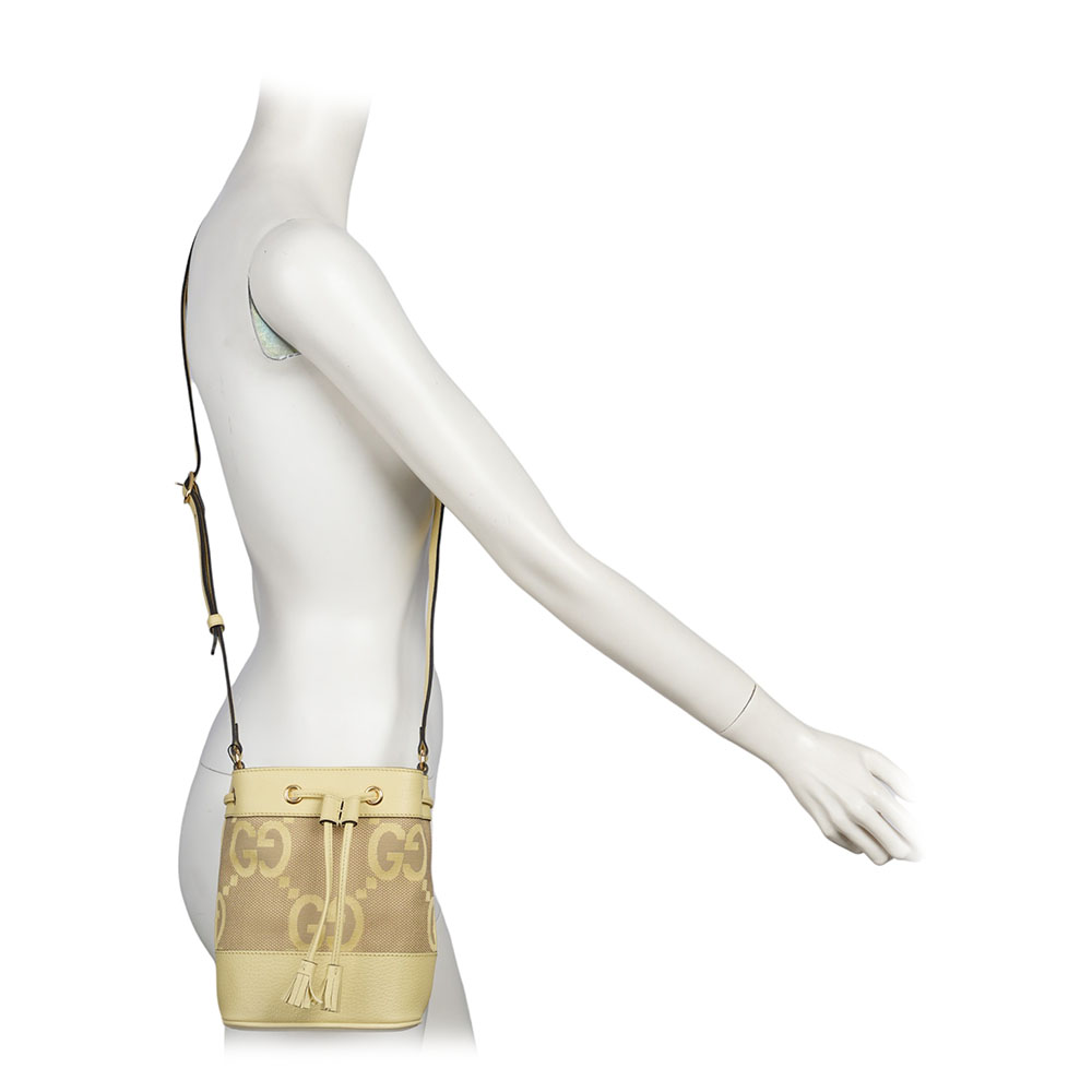 GUCCI Jumbo GG Logo Ophidia 水桶斜背包(Mini)/駝色/香蕉黃, , large